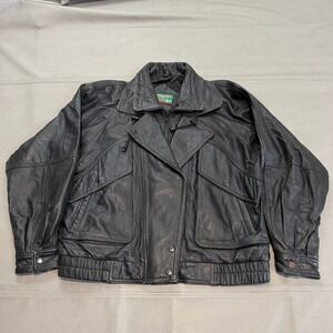 VTG 90s Shelter Bay Men Black Leather Bomber Jacket Grunge Emo Punk Y2K-XXXX